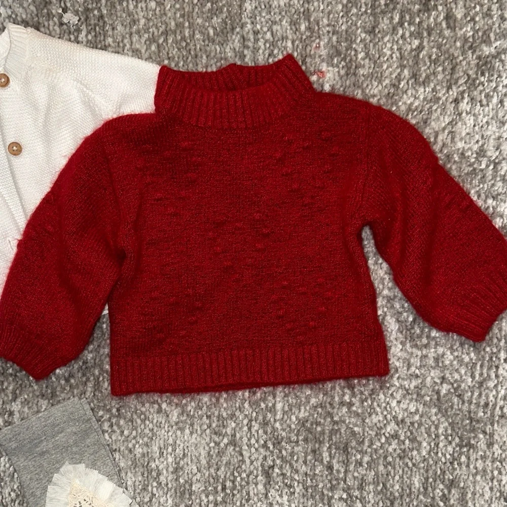 New/EUC girls Red Sweater & White cable knit Cardigan, Set 6/9 mo